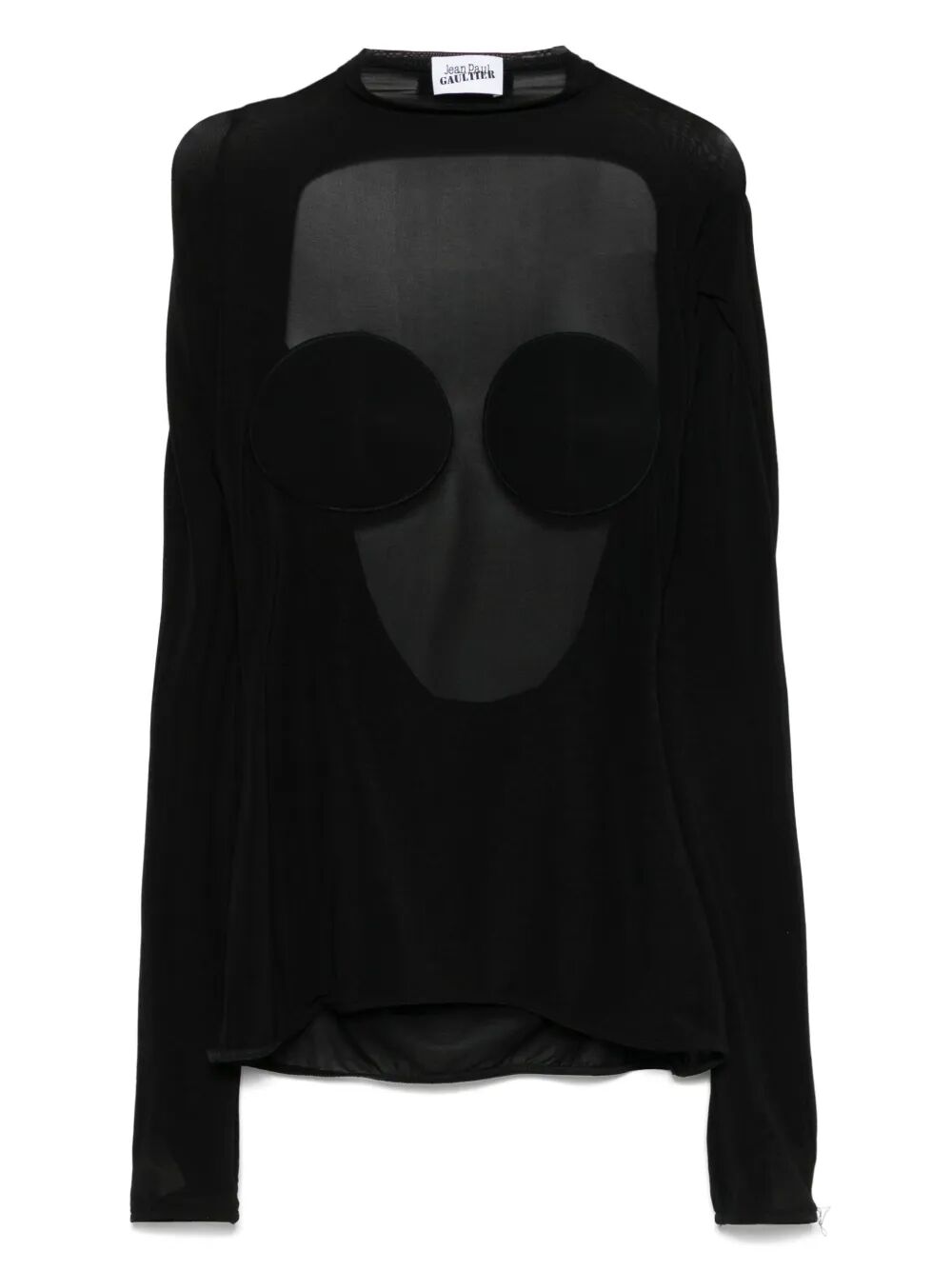 Black long-sleeve top with sheer circular panels on a white background