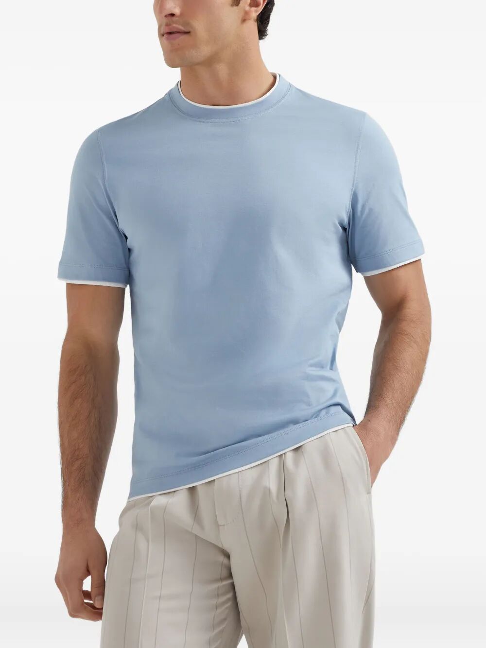 Brunello Cucinelli Men Cotton Jersey Crew Neck T-Shirt With Faux-Layering