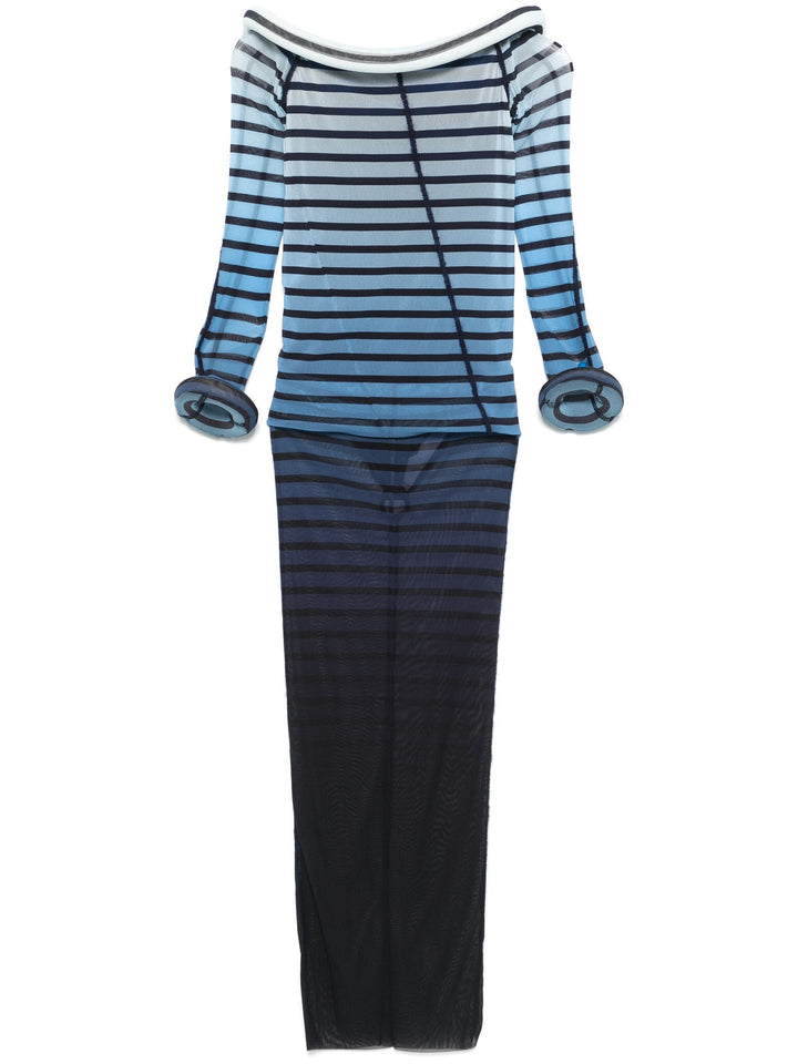 Blue and black striped long-sleeve top and pants set on a white background