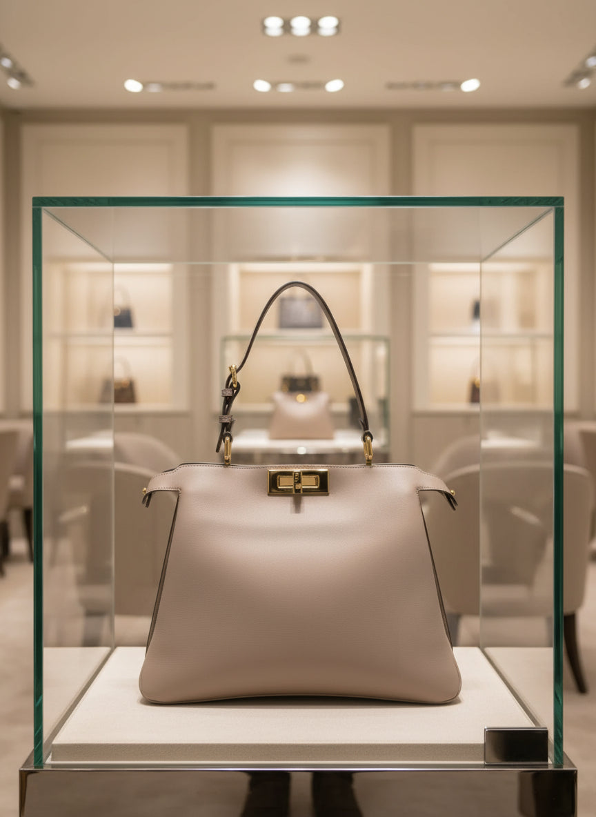 Beige handbag with gold clasp on a white background