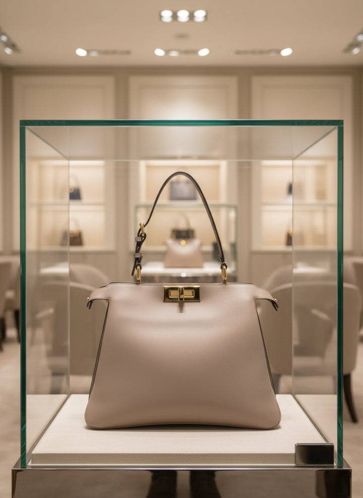 Beige handbag with gold clasp on a white background