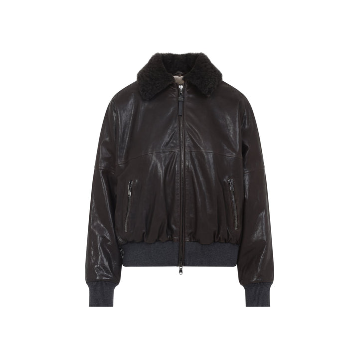 Brunello Cucinelli Shearling Collar Leather Jacket Women