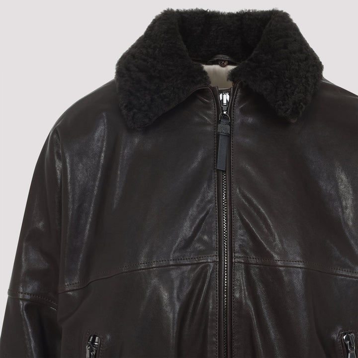 Brunello Cucinelli Shearling Collar Leather Jacket Women