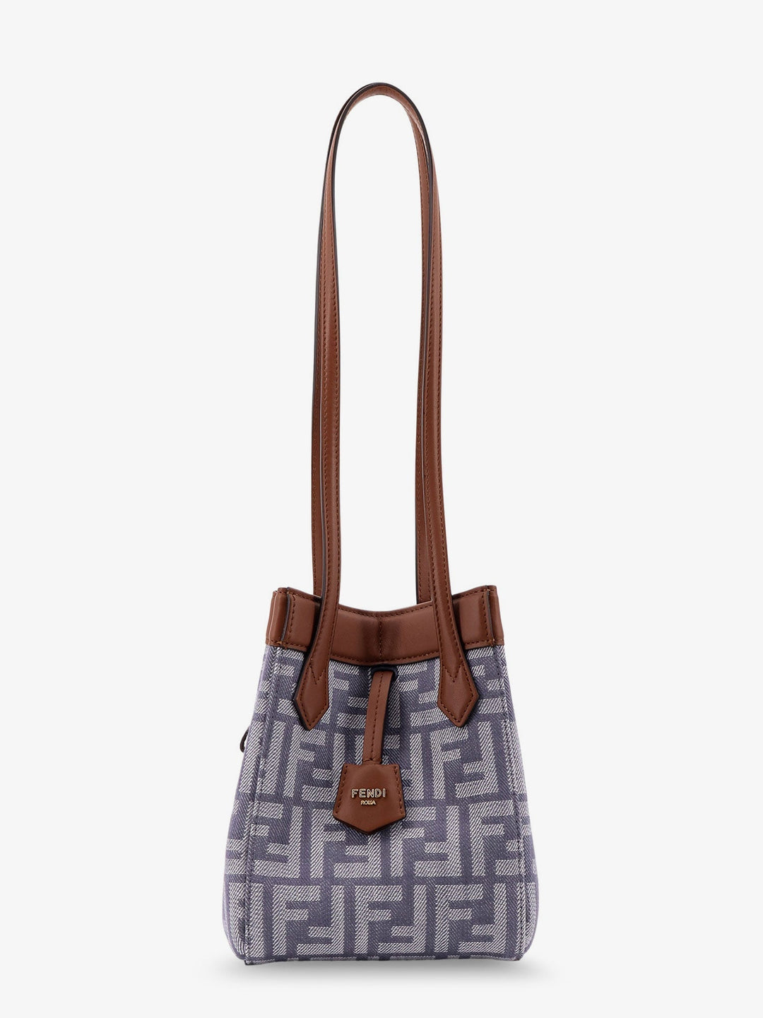 Handbag with brown handles and a patterned body on a white background