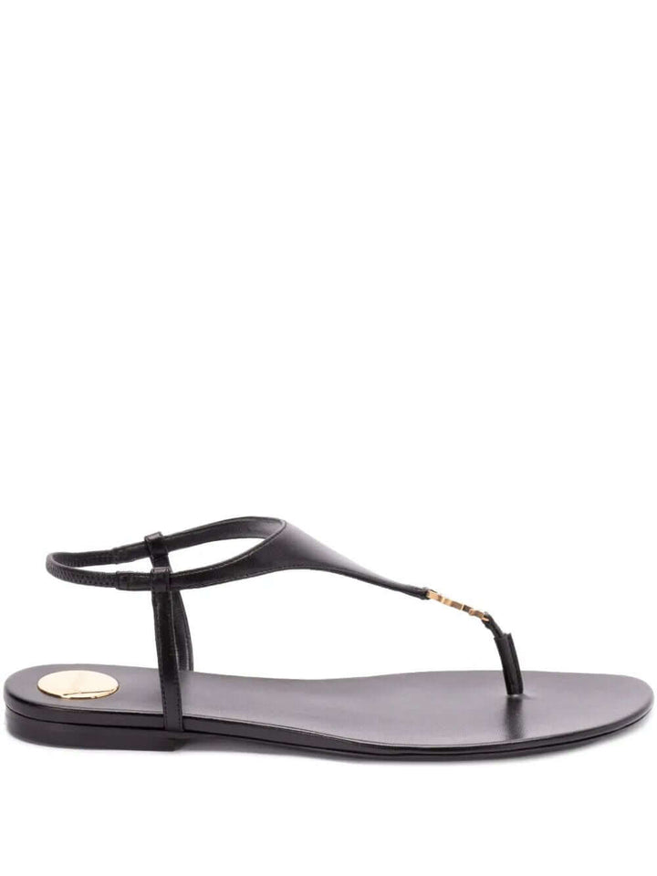 Saint Laurent Women Smooth Leather Cassandra Triangular Upper Flat Sandals