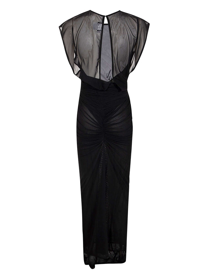 Black evening gown with sheer sleeves on a white background