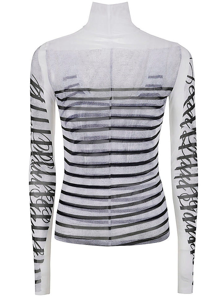 Jean Paul Gaultier Women Spandex And Mesh Longsleeve Top Printed "Feathers Mariniere"