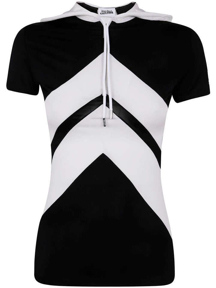 Jean Paul Gaultier Women Viscose Baby Tee Shirt With Inlaid Chevron, "Gaultier" Patch Detail And Hood