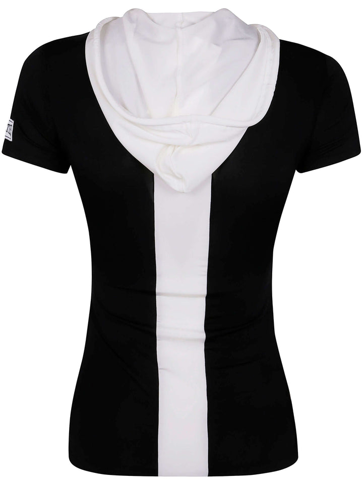 Jean Paul Gaultier Women Viscose Baby Tee Shirt With Inlaid Chevron, "Gaultier" Patch Detail And Hood