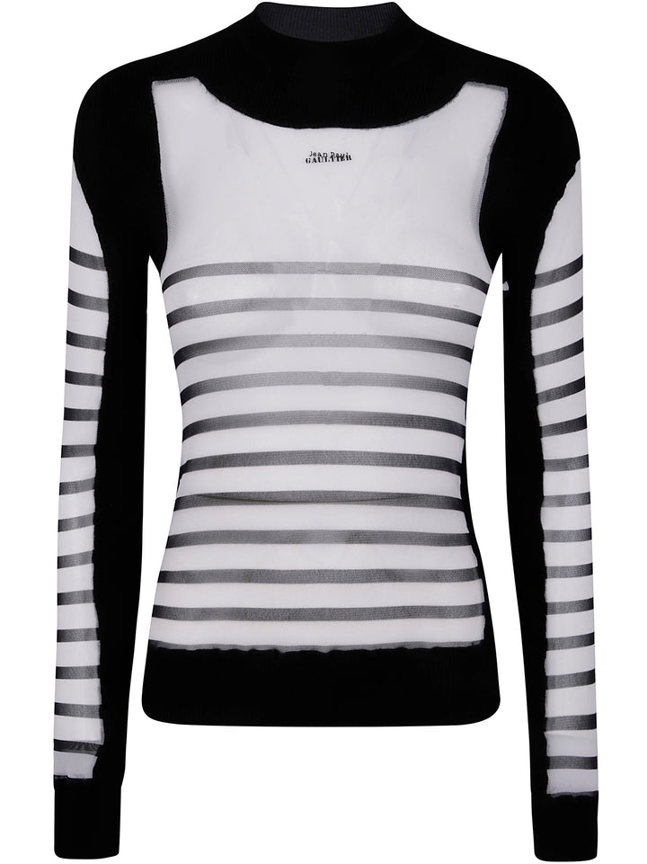 Jean Paul Gaultier Women Mix Mesh And Knit Long Sleeves Pullover Printed "Mariniere"