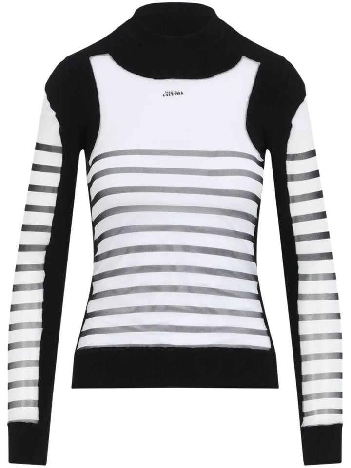 Jean Paul Gaultier Women Mix Mesh And Knit Long Sleeves Pullover Printed "Mariniere"