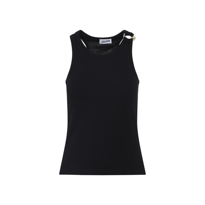 Black sleeveless top on a white background