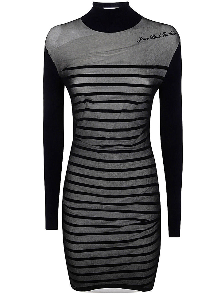 Black and gray striped dress with long sleeves on a white background