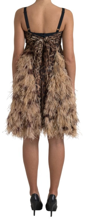 DOLCE & GABBANA Sleeveless Leopard Chiffon Ostrich-Feather Dress