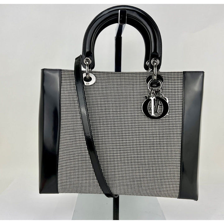 Christian Dior Large Lady Black Patent Leather Canvas Hand Bag