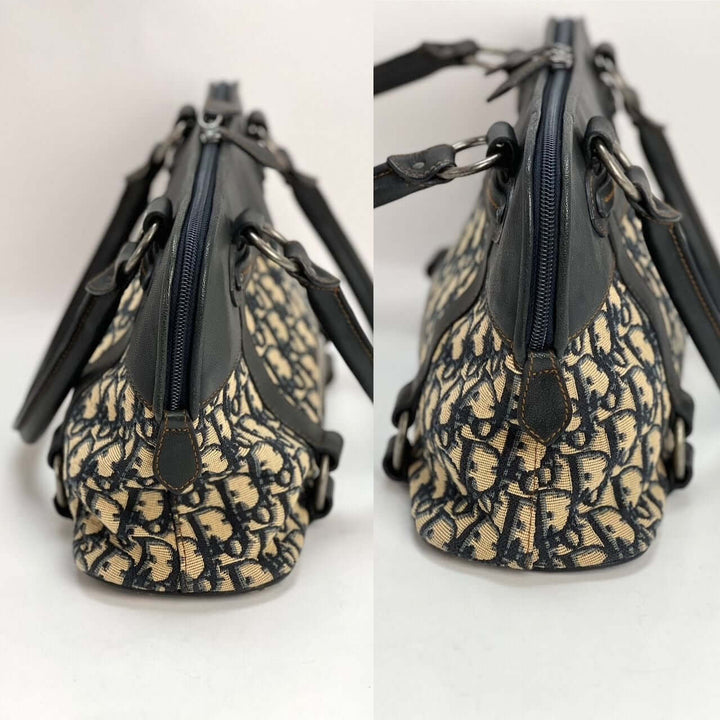 CHRISTIAN DIOR Monogram Trotter CD Blue Canvas Hand Bag showcasing detailed design and zipper closure for luxury bags.