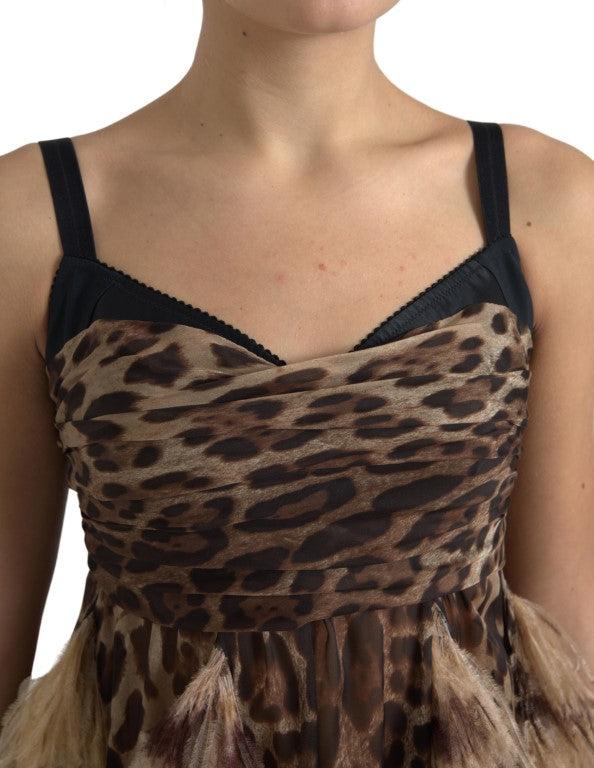 DOLCE & GABBANA Sleeveless Leopard Chiffon Ostrich-Feather Dress