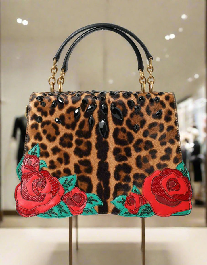 DOLCE & GABBANA Chic Leopard Embellished Tote with Red Roses! (pre-owned) A