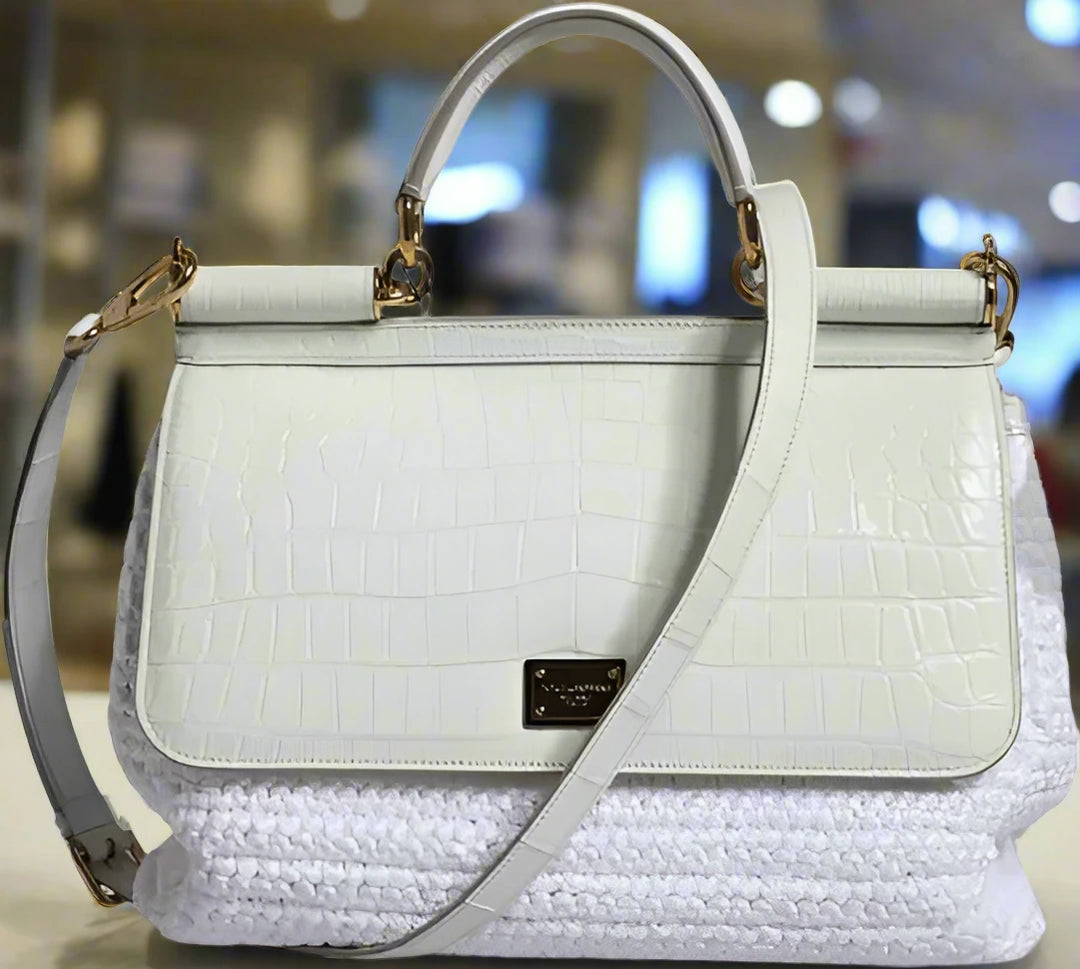 Dolce & Gabbana WHITE RAFIA LEATHER SICILY CROSSBODY BAG