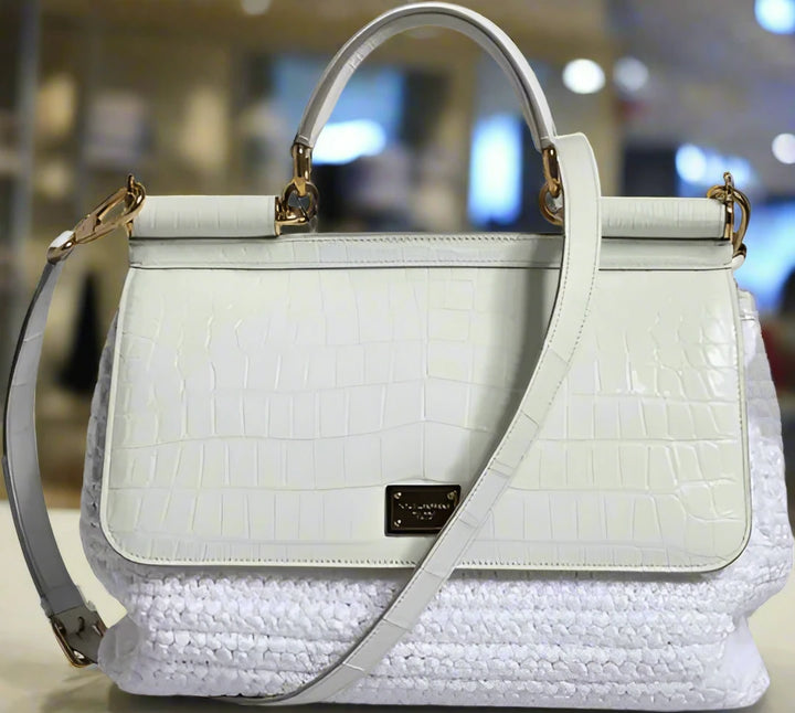 Dolce & Gabbana WHITE RAFIA LEATHER SICILY CROSSBODY BAG