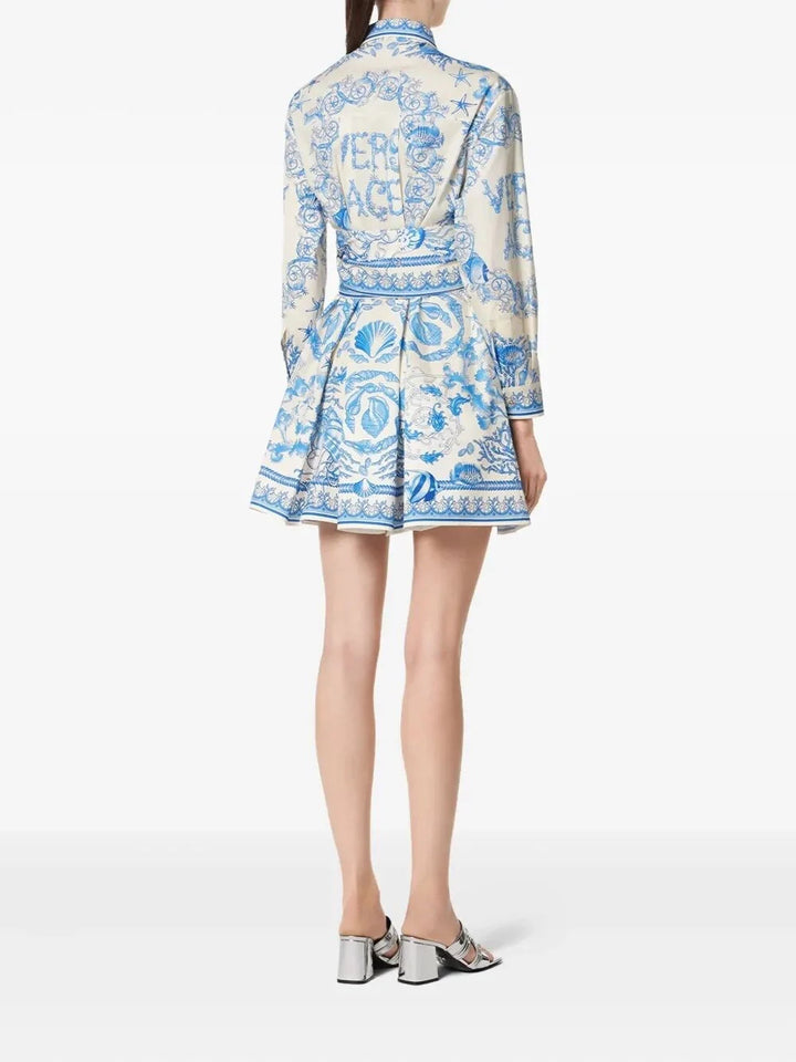 Versace Women Dress `Underwater Barocco Bicolour Foulard` On Cotton Poplin
