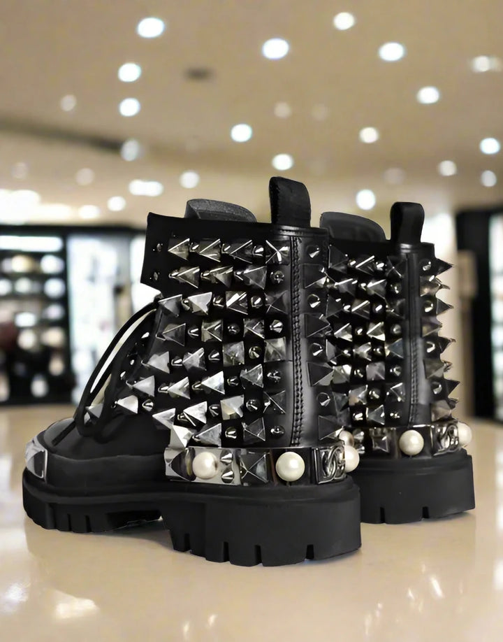 Dolce & Gabbana BLACK LEATHER STUDS EMBELLISHED COMBAT BOOTS SHOES