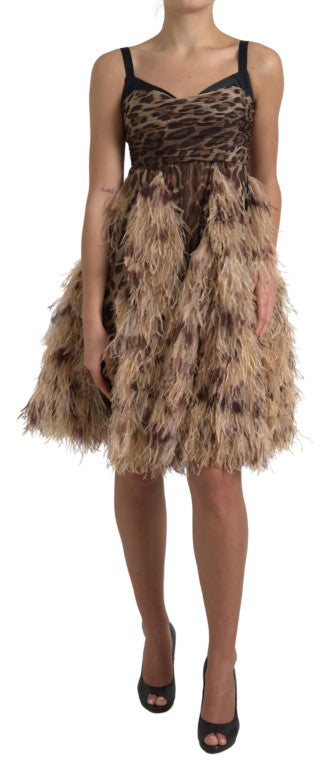 DOLCE & GABBANA Sleeveless Leopard Chiffon Ostrich-Feather Dress