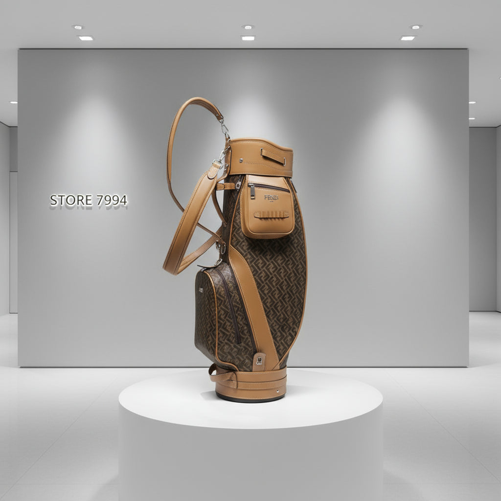 Brown golf bag with patterned design on a white background