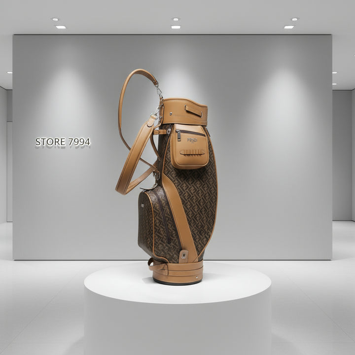 Brown golf bag with patterned design on a white background