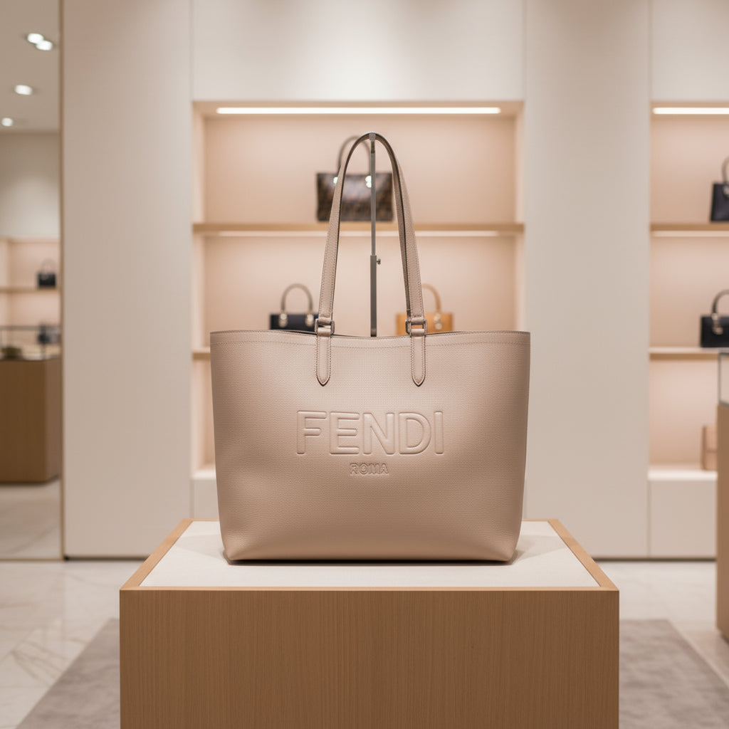 Beige Fendi handbag on a white background