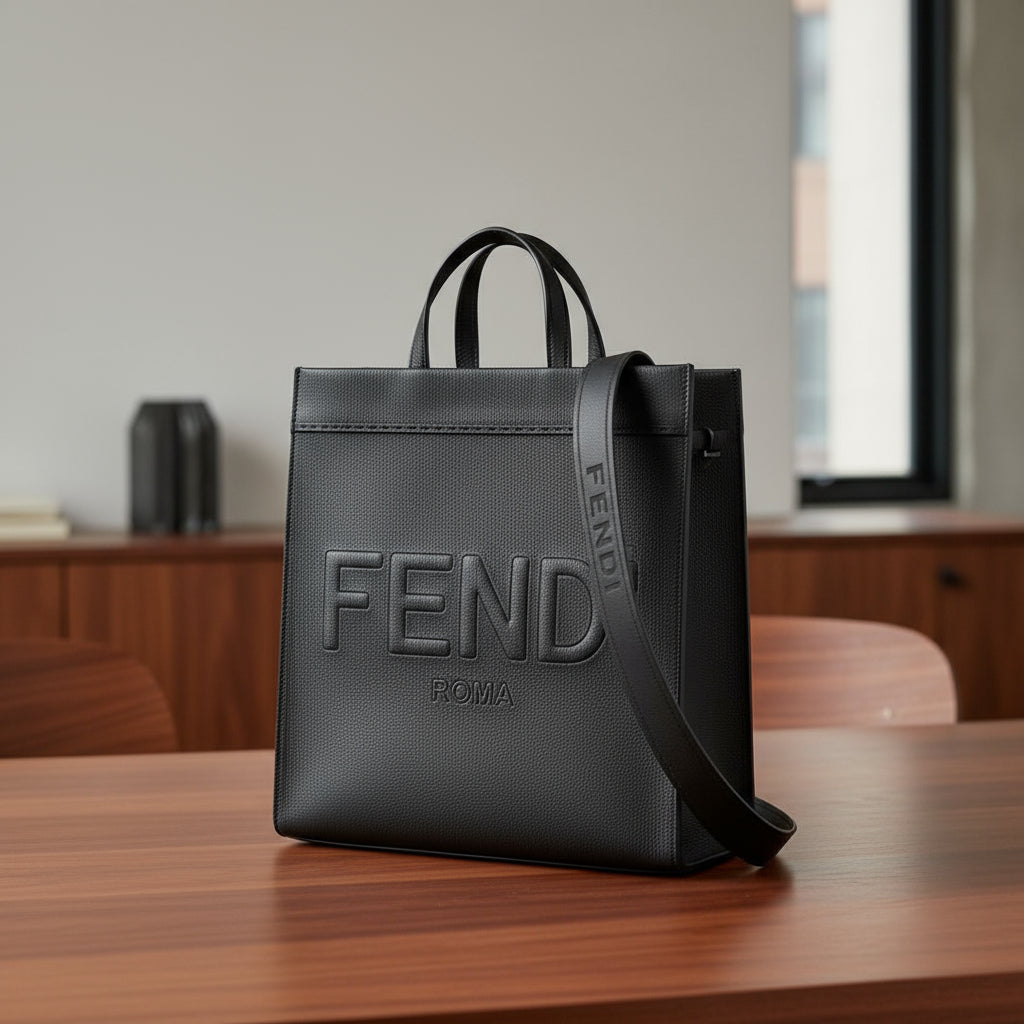 Black Fendi bag on a white background