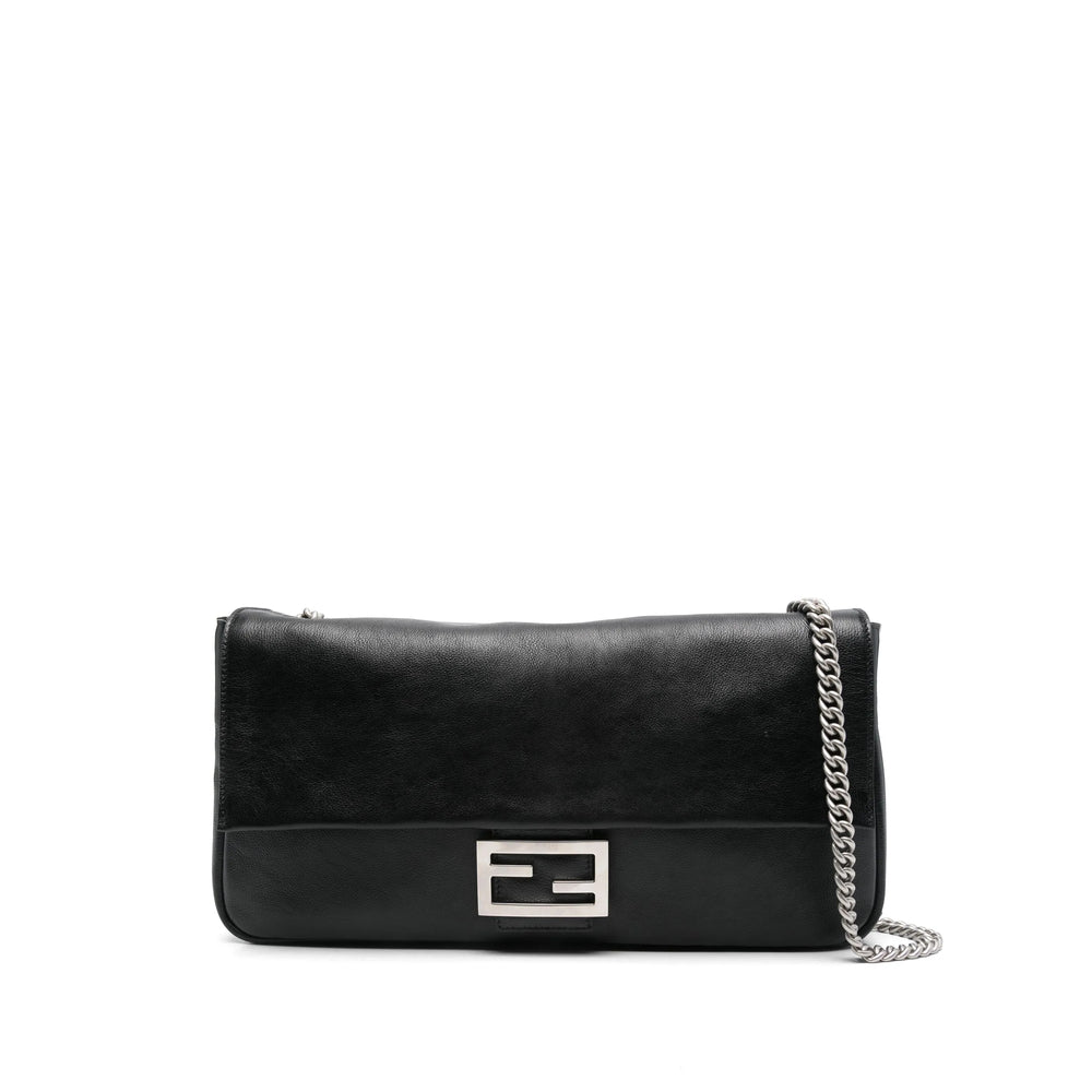 Black handbag with a chain detail on a white background