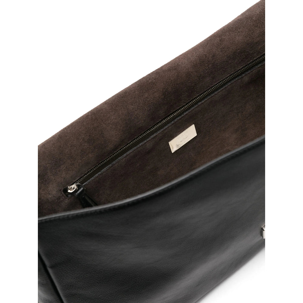 Brown leather bag with a visible brand logo on a white background