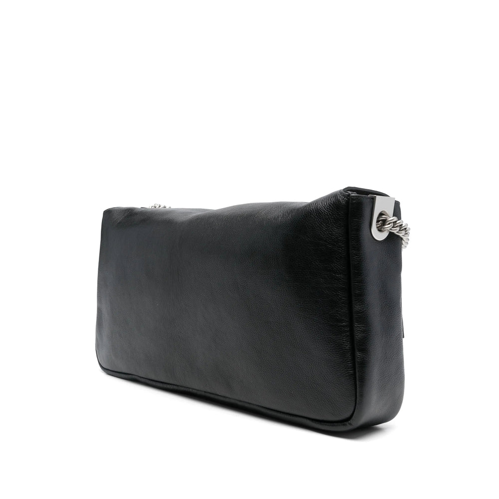 Black leather clutch bag with a silver clasp on a white background