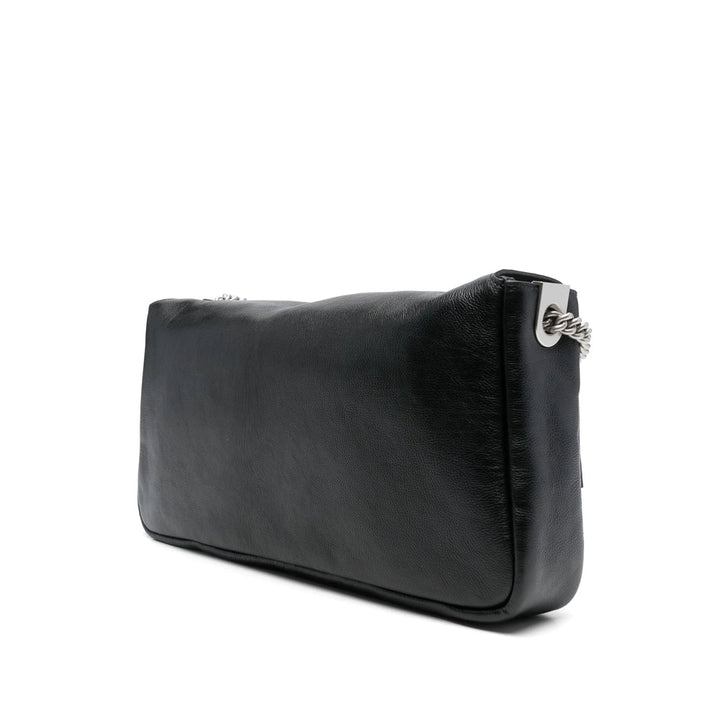 Black leather clutch bag with a silver clasp on a white background