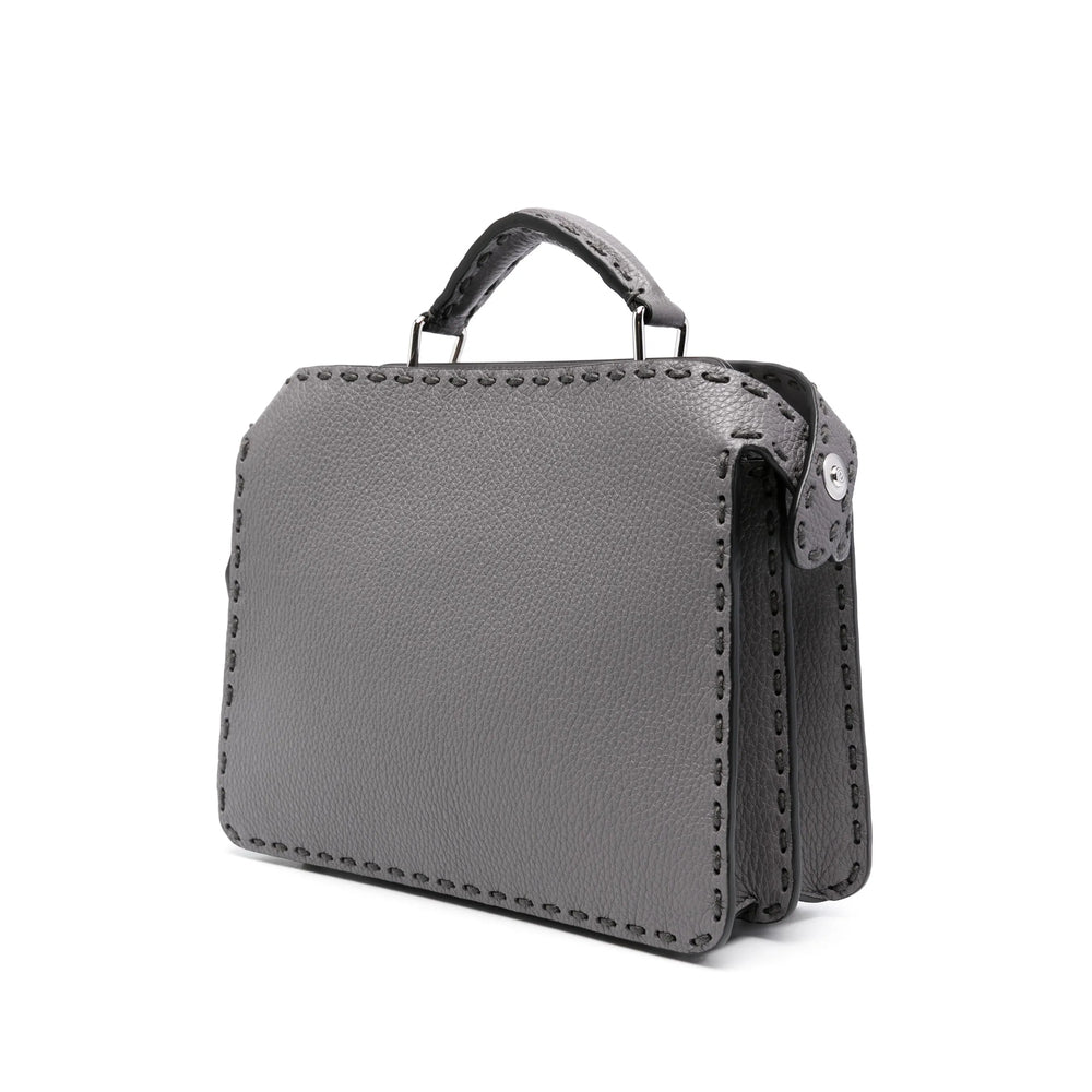 Gray leather wallet with handle on a white background
