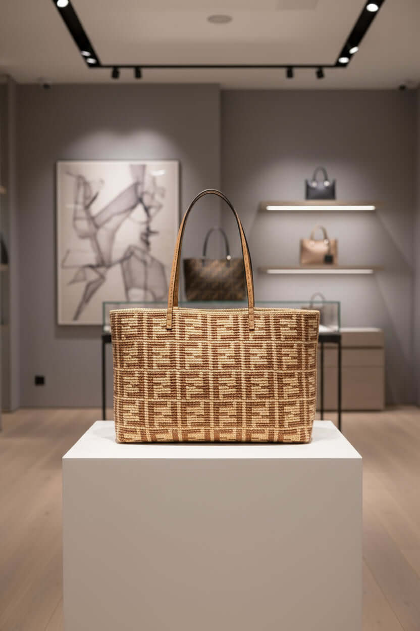 Brown woven bag with a pattern on a white background
