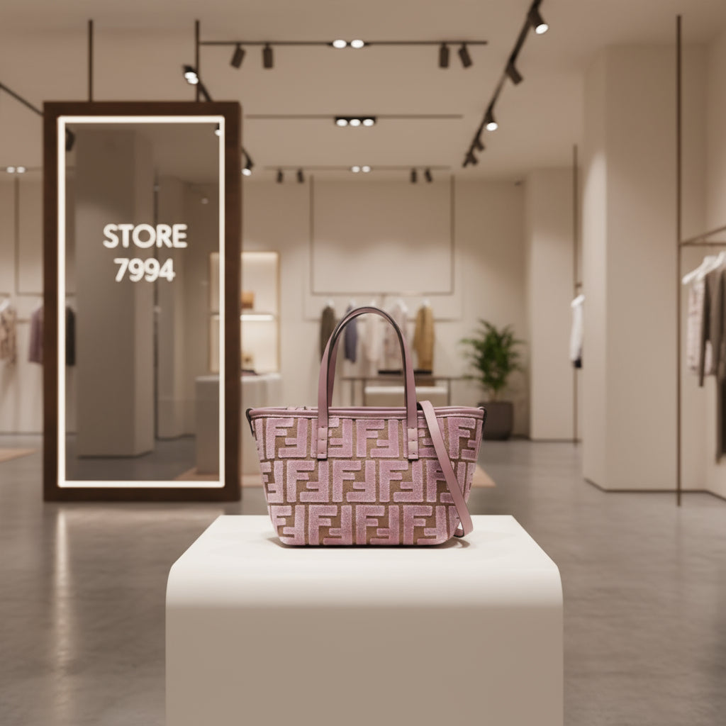 Pink handbag with a pattern on a white background