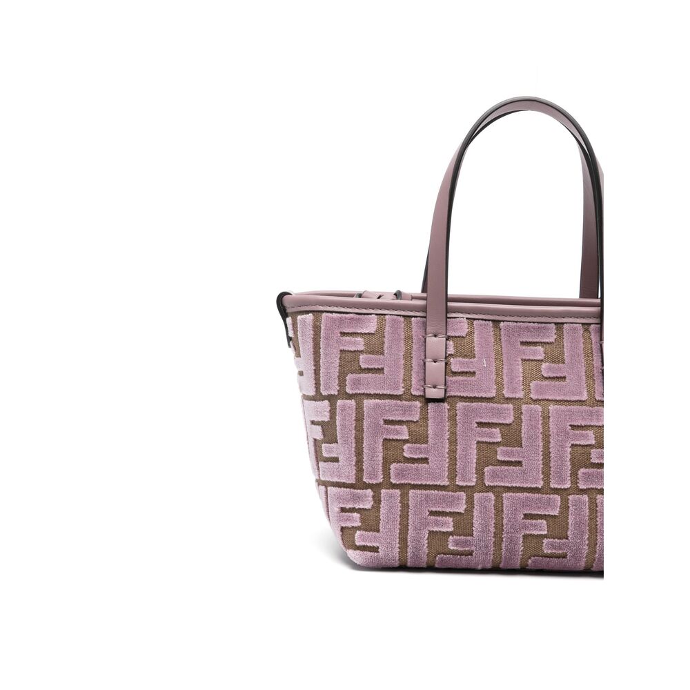 Handbag with a pink and brown pattern on a white background