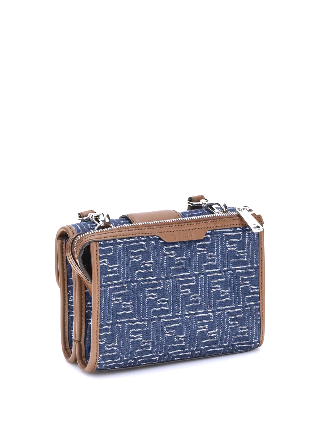 Blue patterned handbag with brown accents on a white background