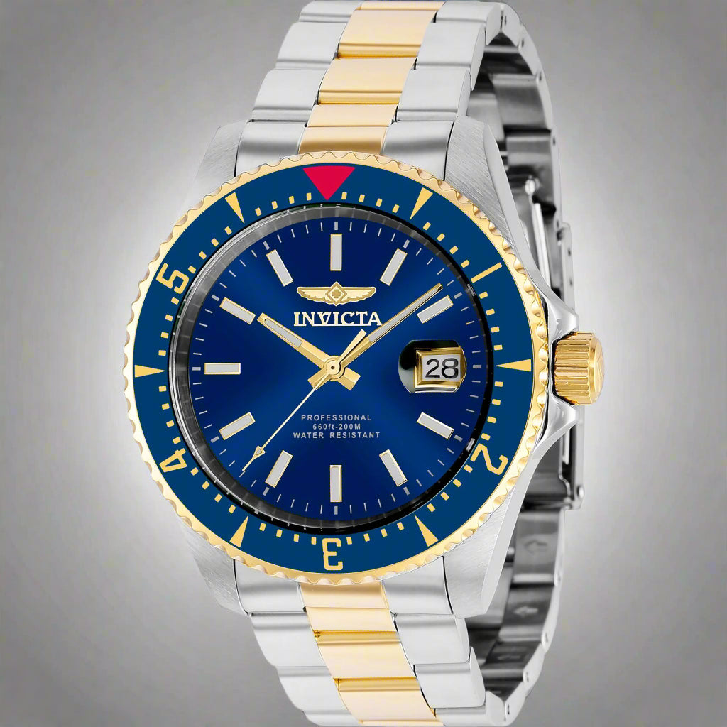 INVICTA Pro Diver men's watch with stainless steel band INVICTA black graphic t-shirt with logo front Gold-tone INVICTA chronograph wristwatch close-up INVICTA men's button-down shirt with embroidered detail INVICTA oversized sport watch and branded appar