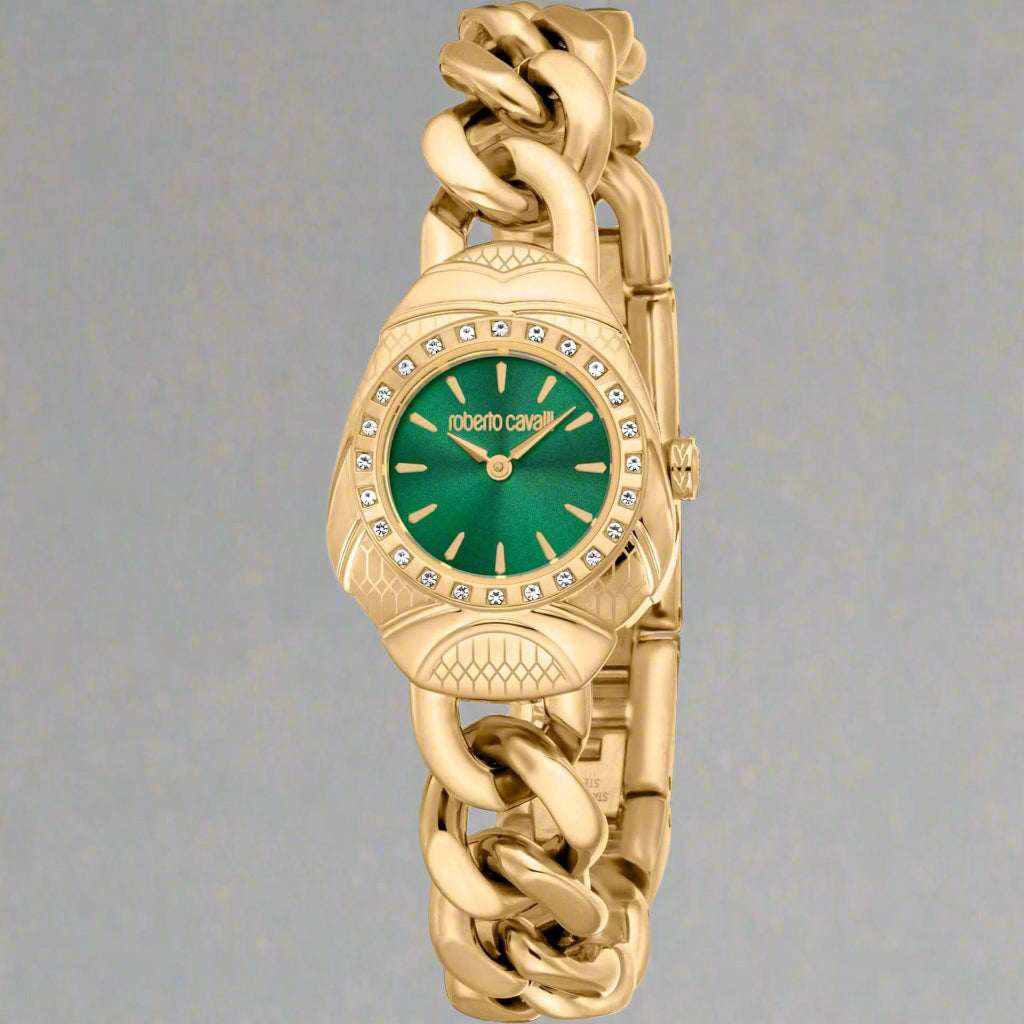 Roberto Cavalli women's stainless steel analog watch with green dial and gold chain strap.