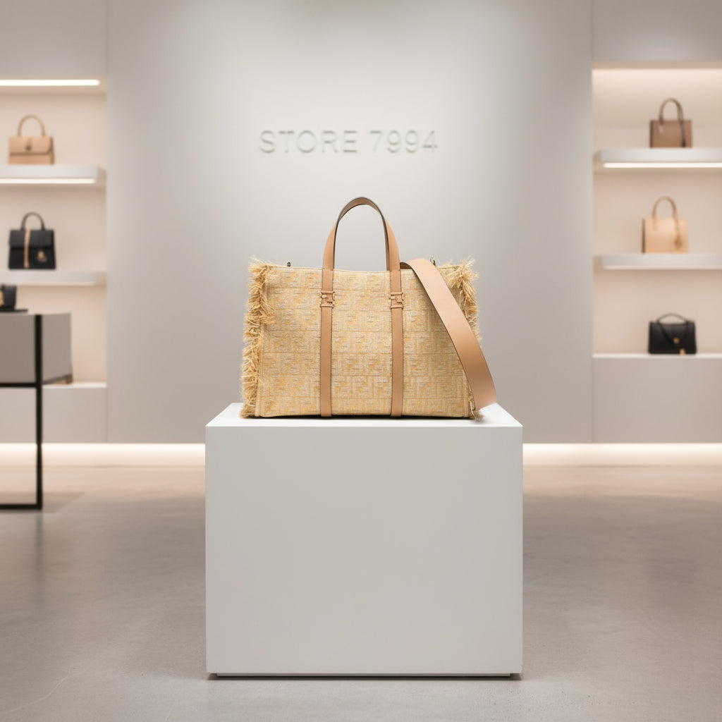 Beige woven bag with brown straps on a white background