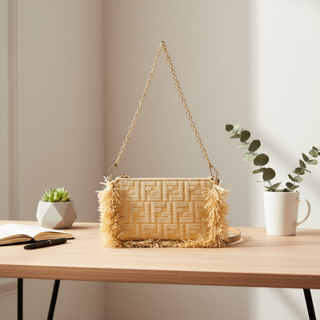 Beige handbag with chain strap and fringes on a white background