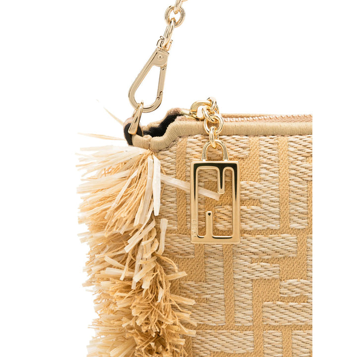 Beige woven handbag with tassel detail and gold clasp on a white background