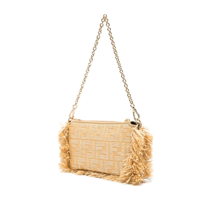 Beige handbag with chain strap and fringes on a white background