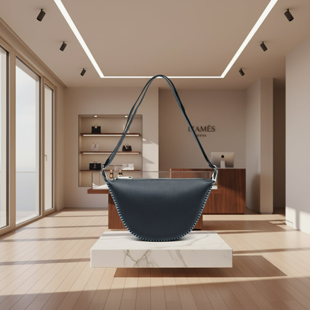 Black handbag with a strap on a white background