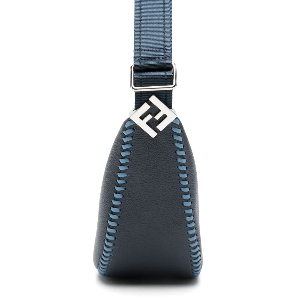 Black leather bag with blue stitching and a visible brand logo on a white background