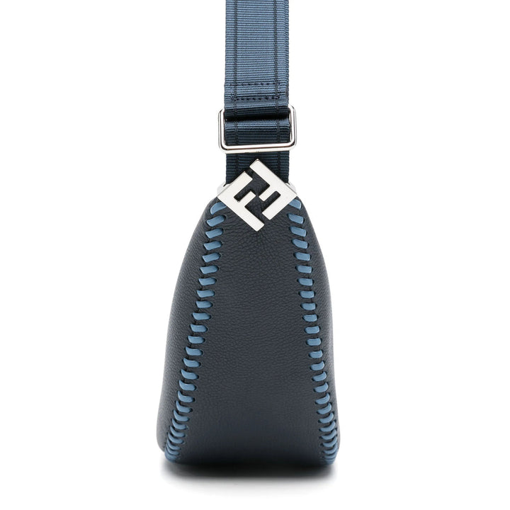 Black leather bag with blue stitching and a visible brand logo on a white background