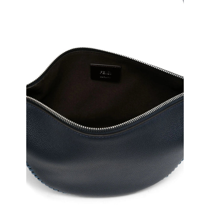 Black leather pouch with silver zipper on a white background